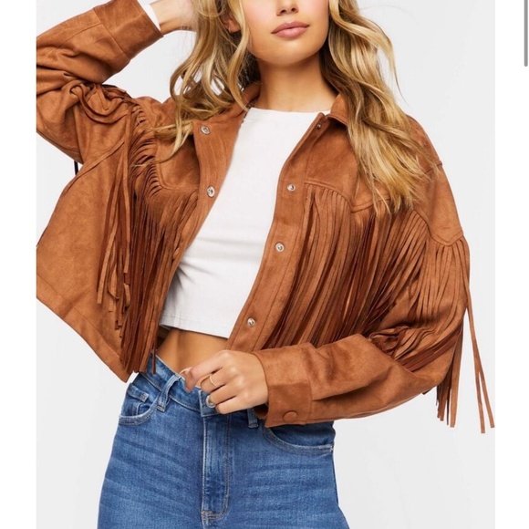 Forever 21 Faux Suede Fringe Trucker Jacket Camel - Picture 3 of 6